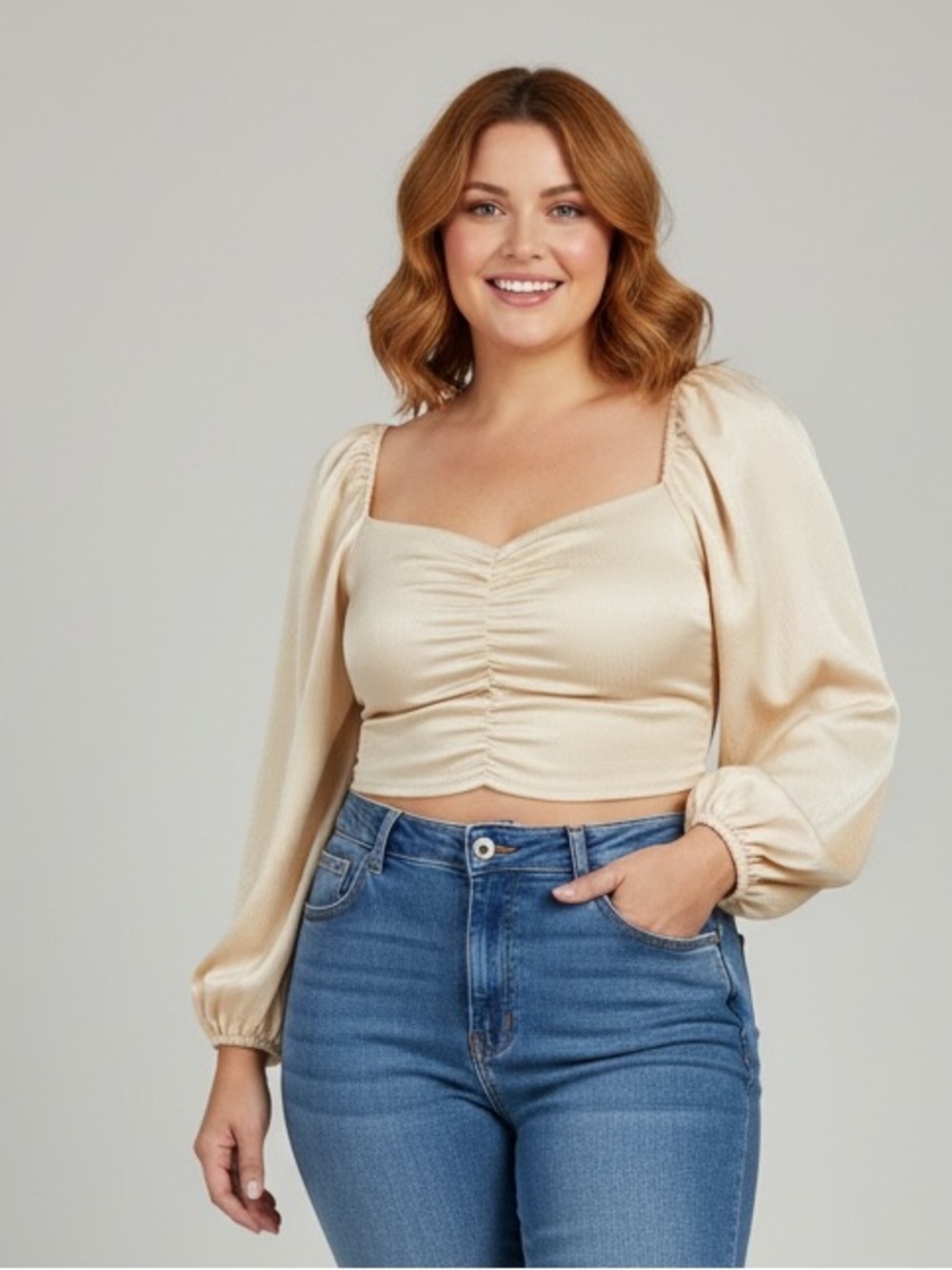 Sophie Rue Butter Yellow Smocked Ruched Long Sleeve Crop Top